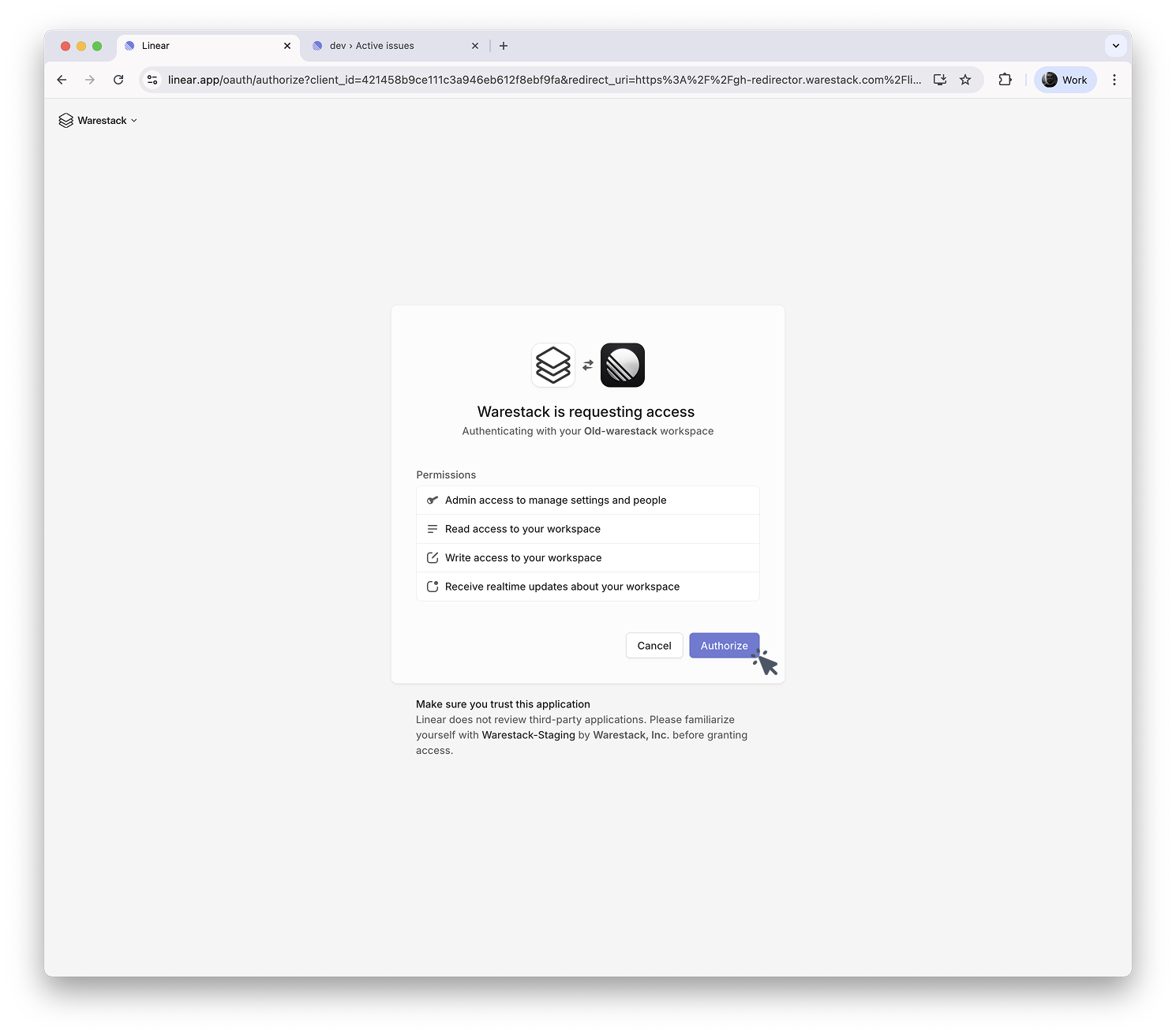 Linear authorization screen