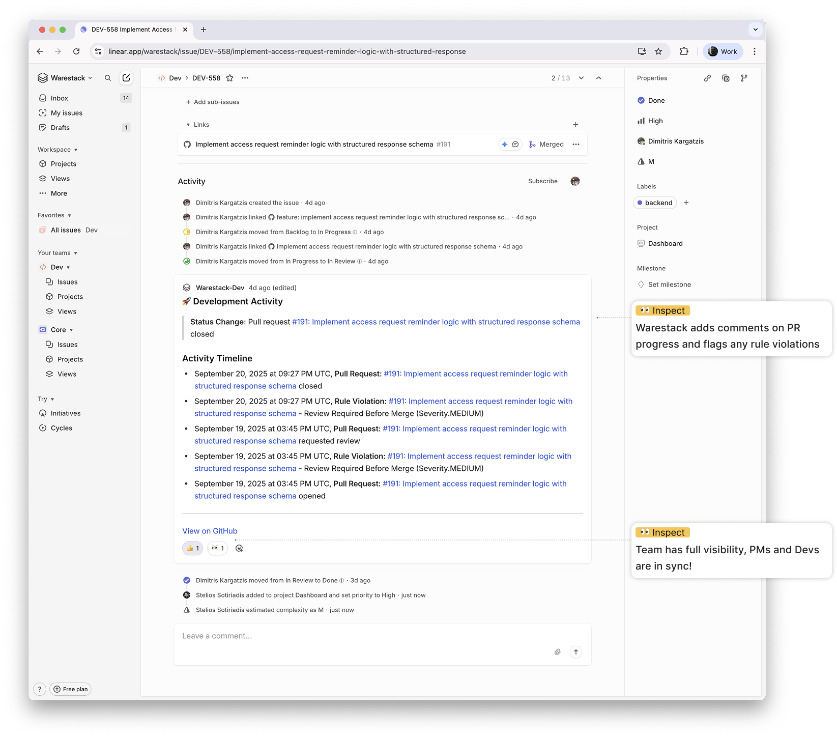 Linear ticket with Warestack comments