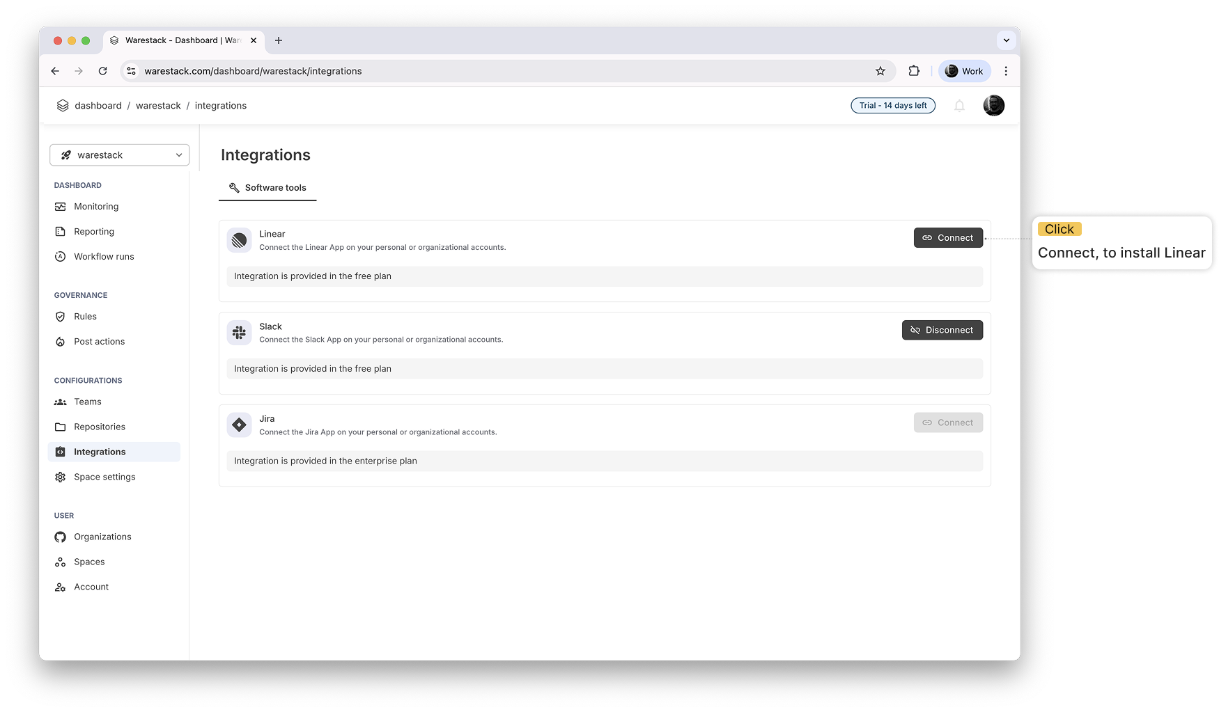 Linear integration setup screen