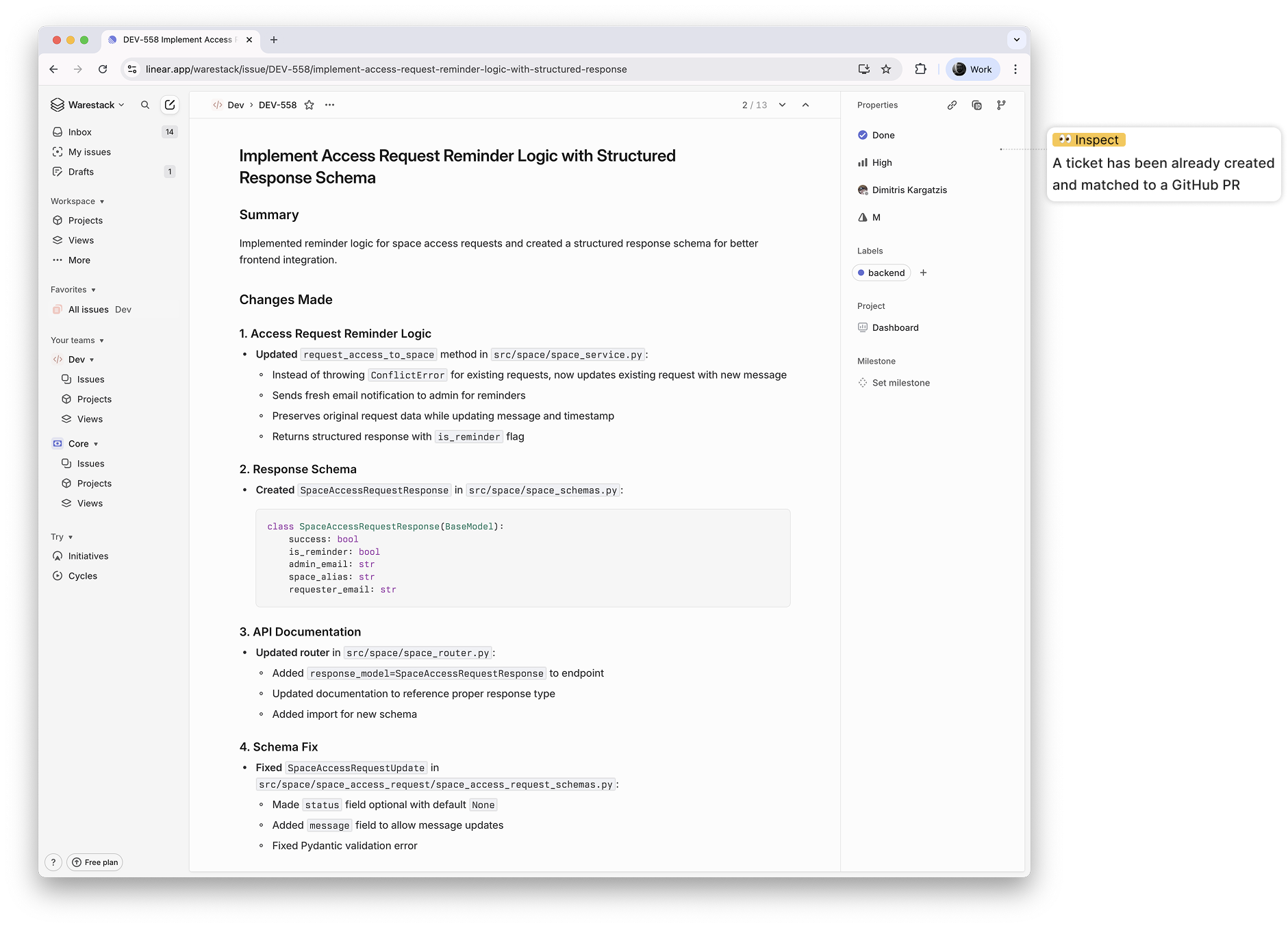 Linear workspace with Warestack tickets