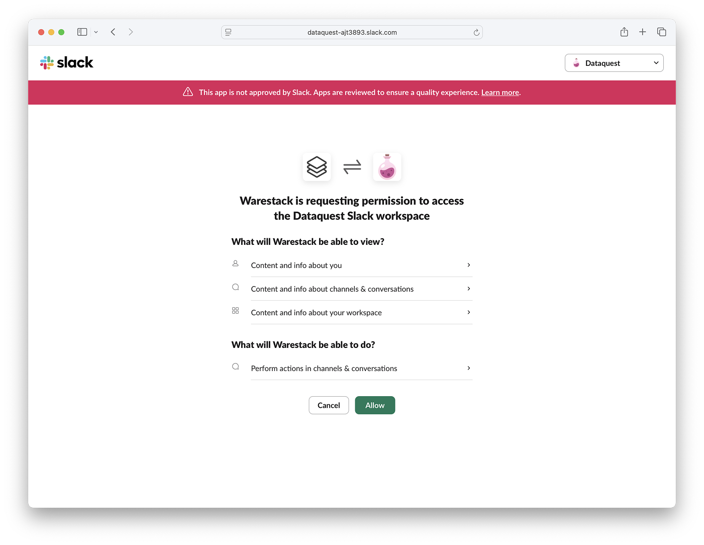 Slack authorization screen