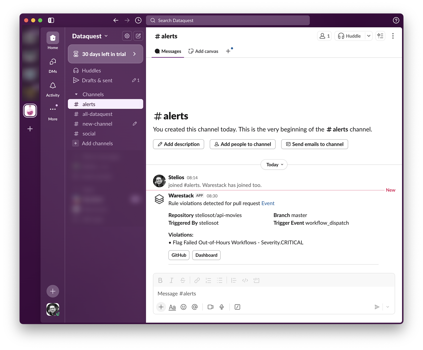 Slack notification in channel