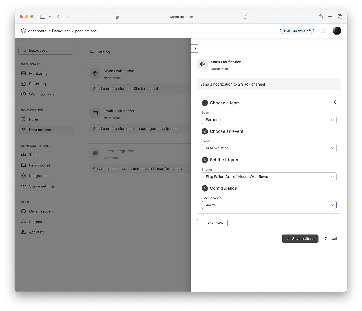 Slack post action configuration