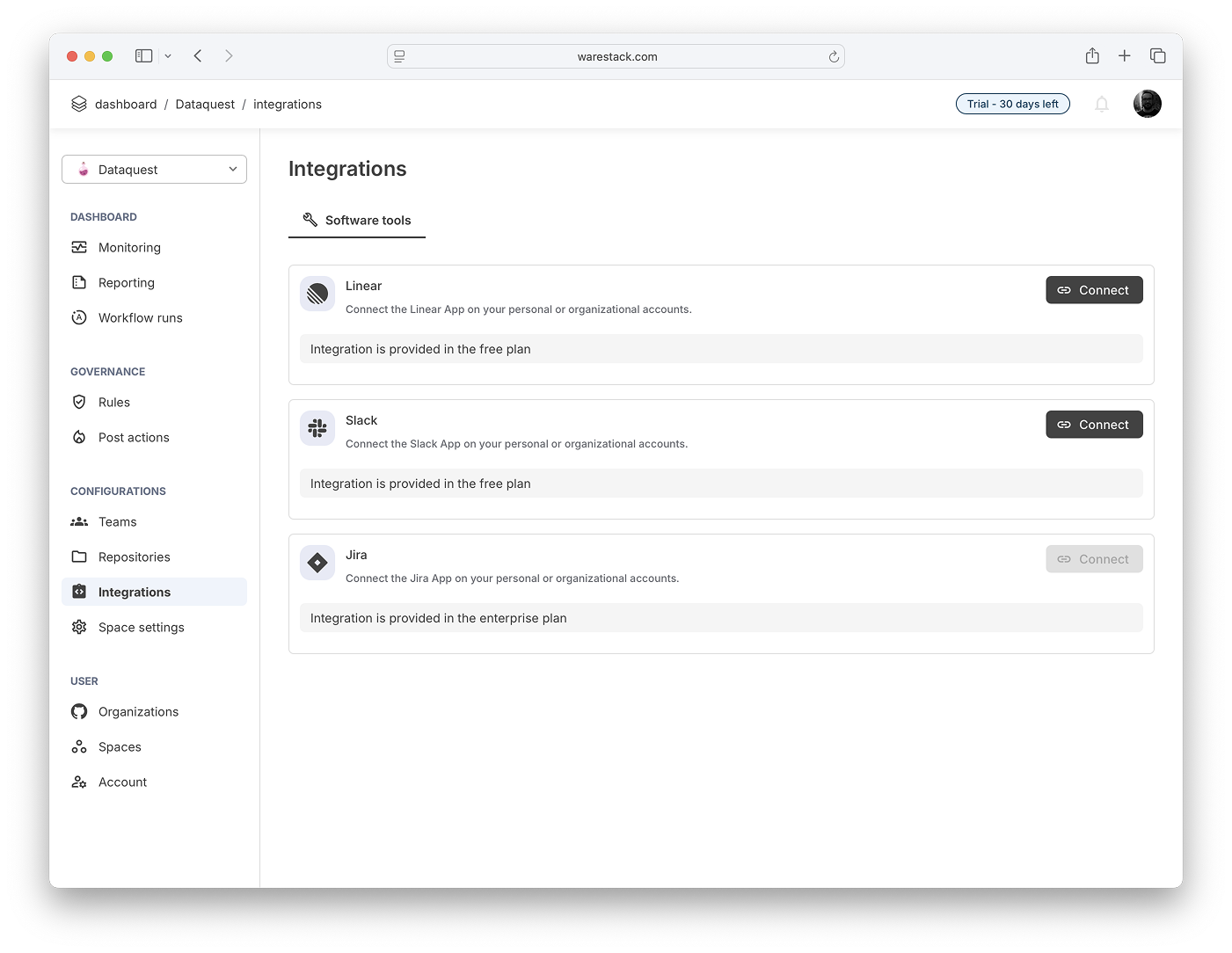 Slack integration setup screen