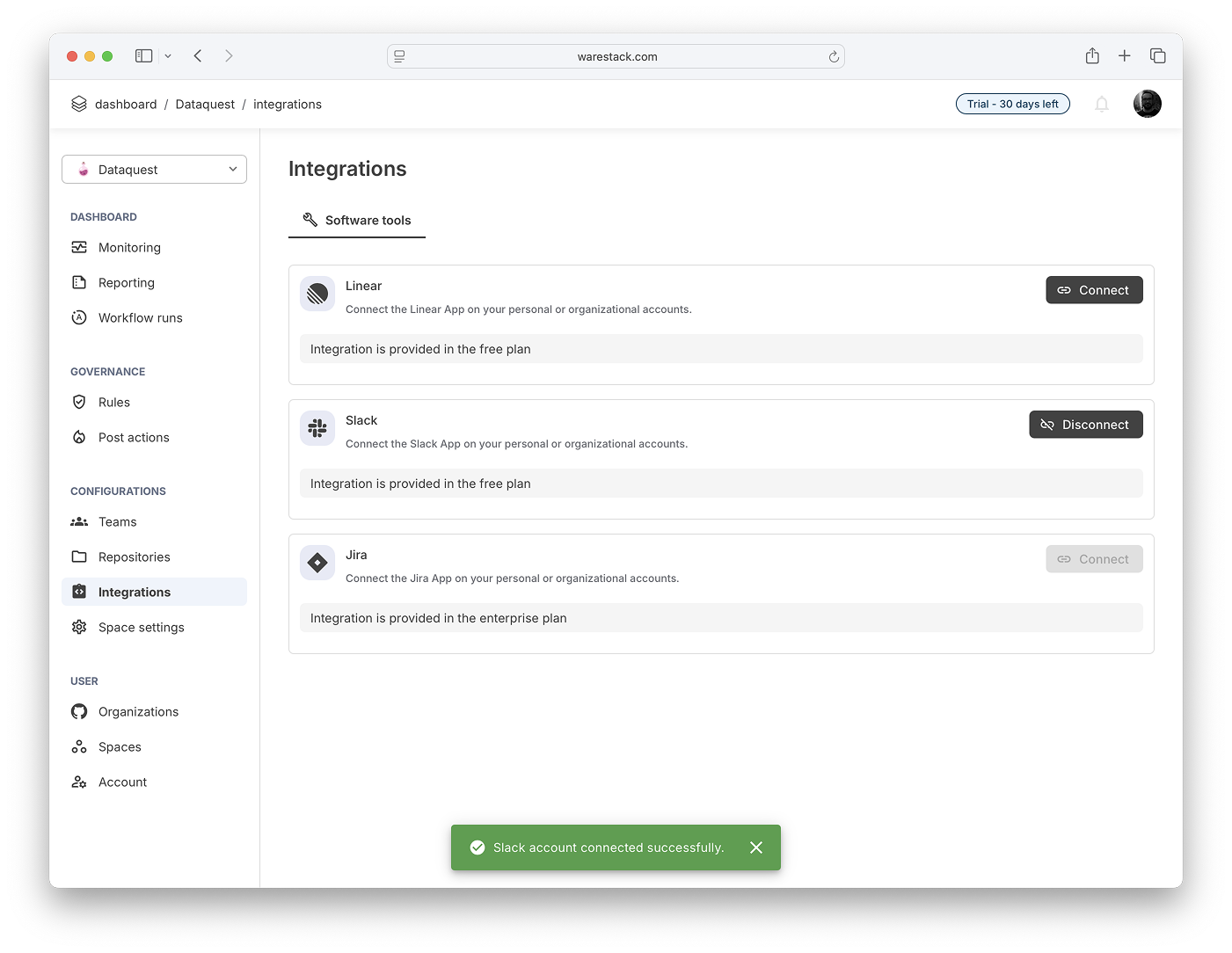 Slack connection success