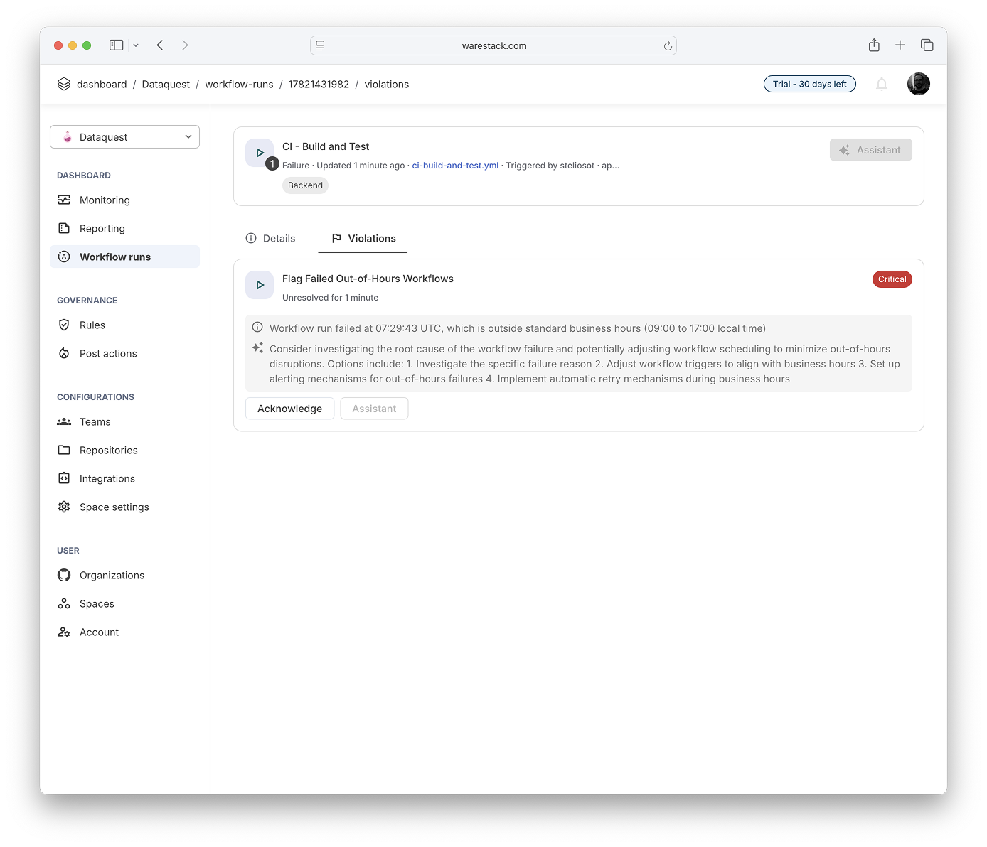 Warestack violation log